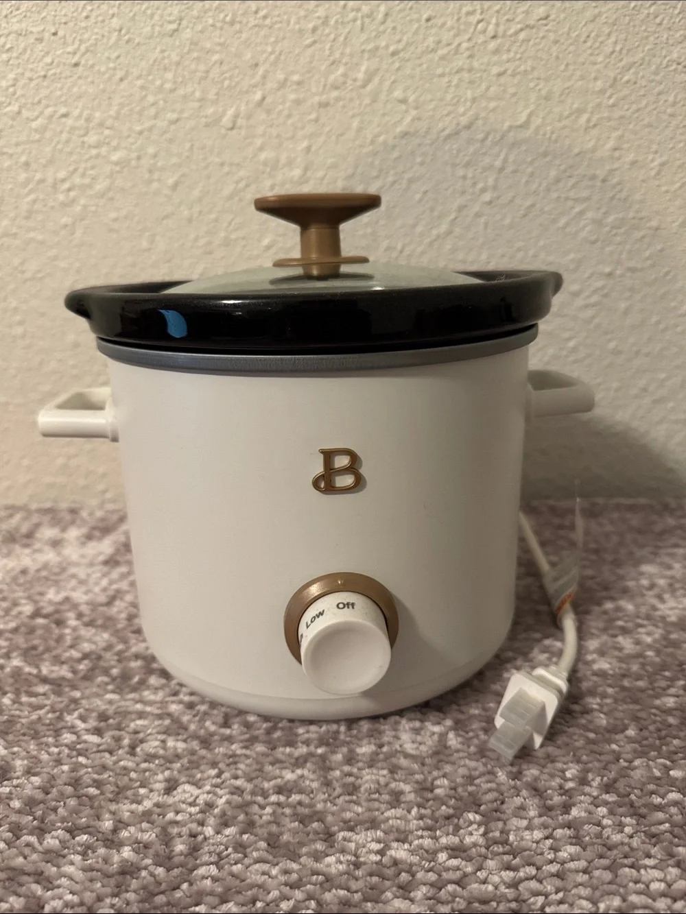 Small White Electric Slow Cooker with Gold Accents